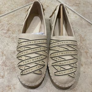 Tory Burch ribbon espadrille recycled canvas/herringbone in color new cream.